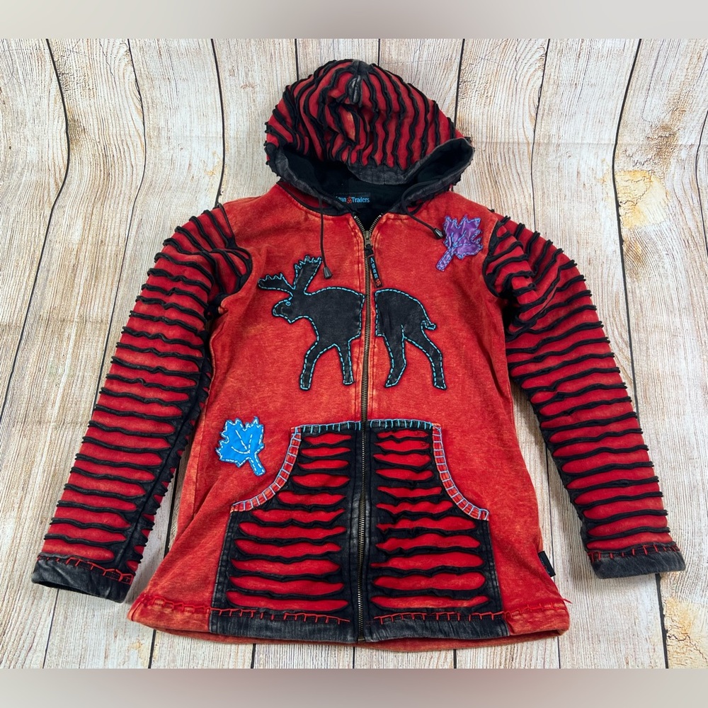 Women’s Agan Traders Patch Boho Colorful Moose Full Zip Hooded Jacket Small